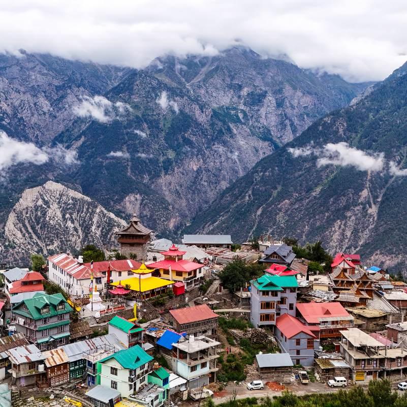 Apple orchards on the hillside in Kalpa with mountain views