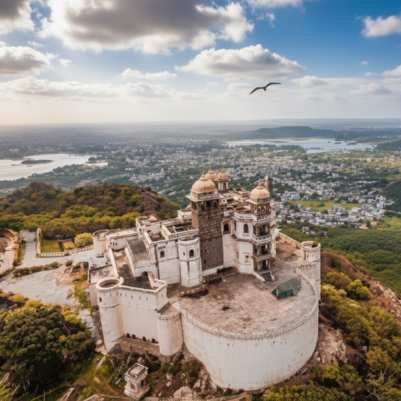 Sajjangarh Monsoon Palace at sunset on the Aravalli hilltop above Udaipur