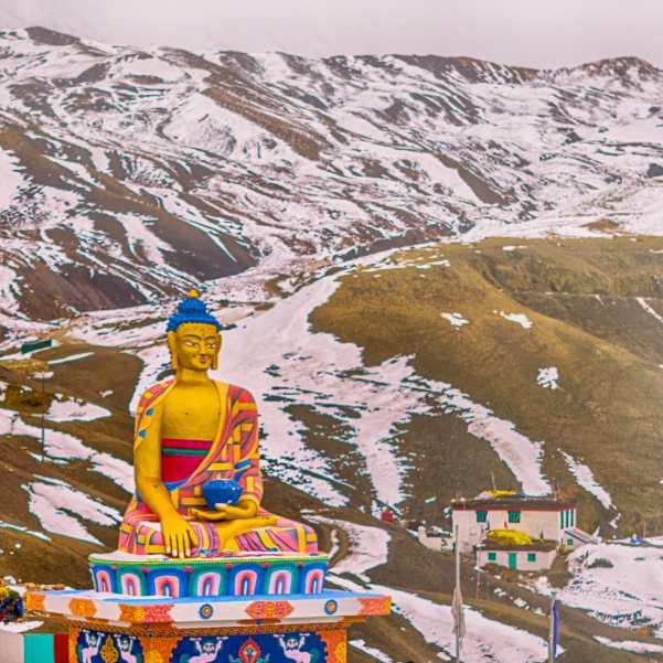 Langza village houses against the Chau Chau Kang Nilda peak in Spiti