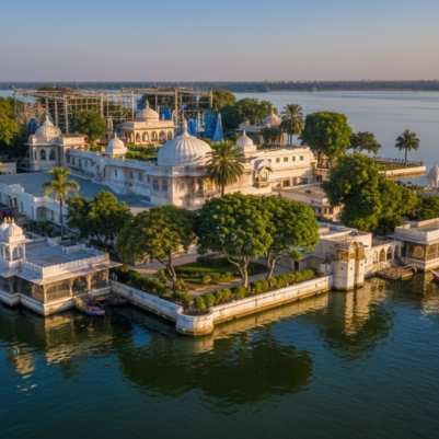 Jag Mandir island palace on Lake Pichola in Udaipur with stone elephants at the entrance