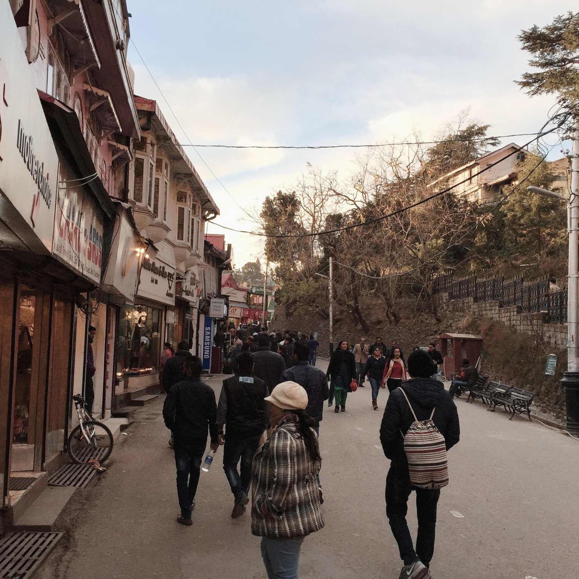Mall Road Shimla's main pedestrian shopping street with shops and colonial buildings