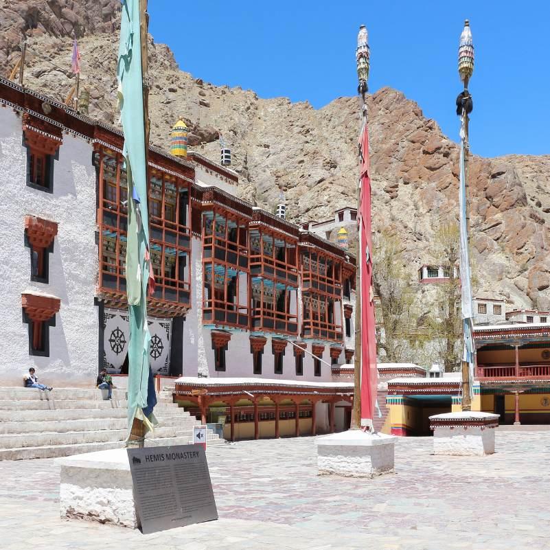 Traditional Buddhist wooden and stone architecture at Hemis Monastery in Ladakh
