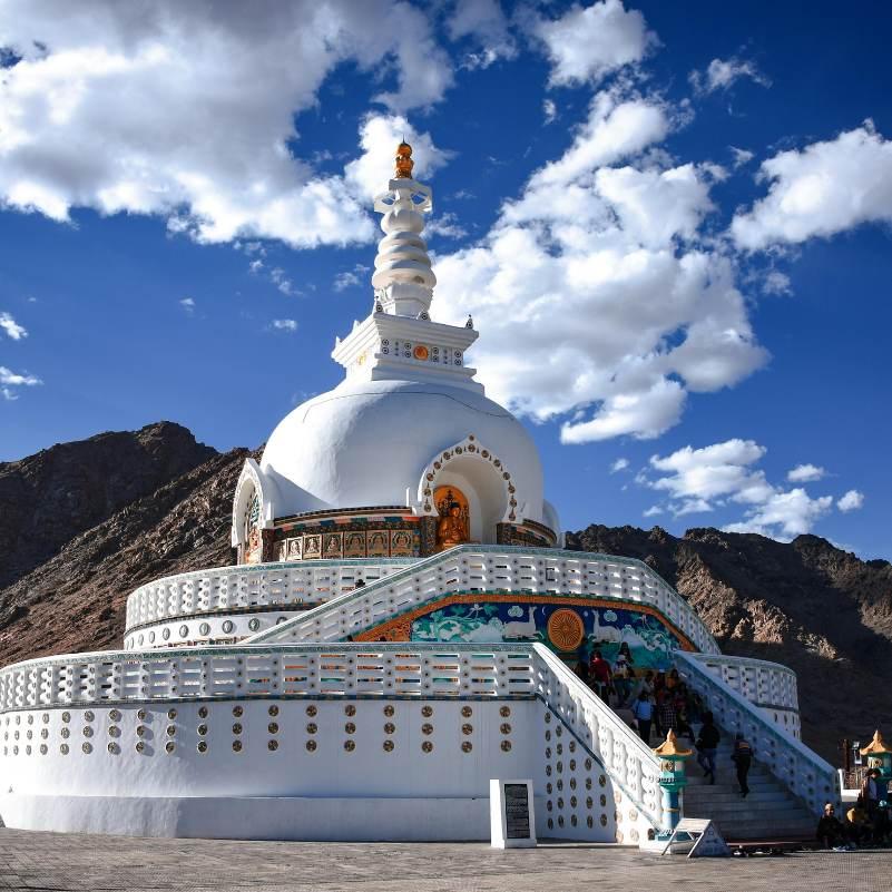 Shanti Stupa framed against deep blue Ladakhi skies