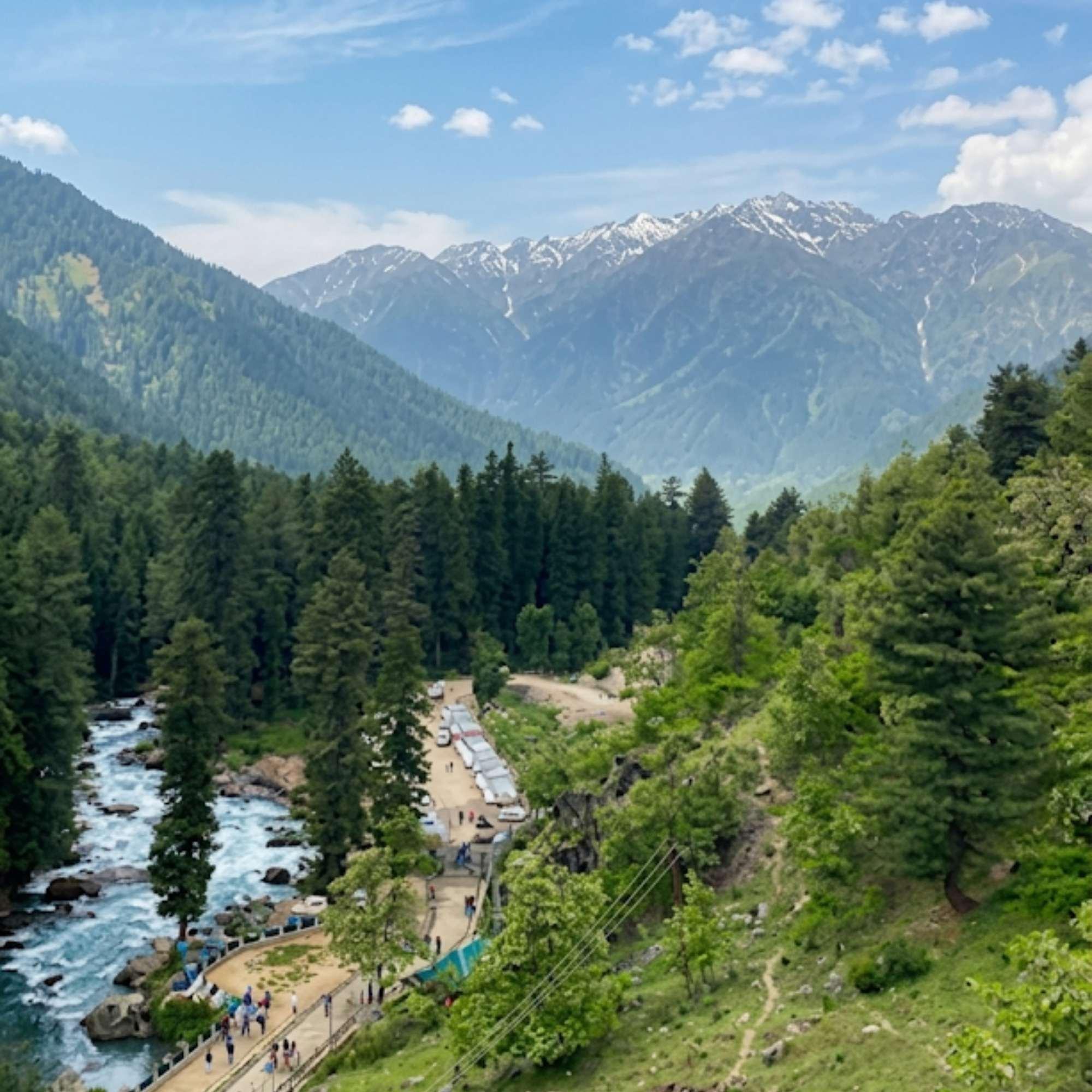 Wide meadow at Aru Valley with mountains and pine forest