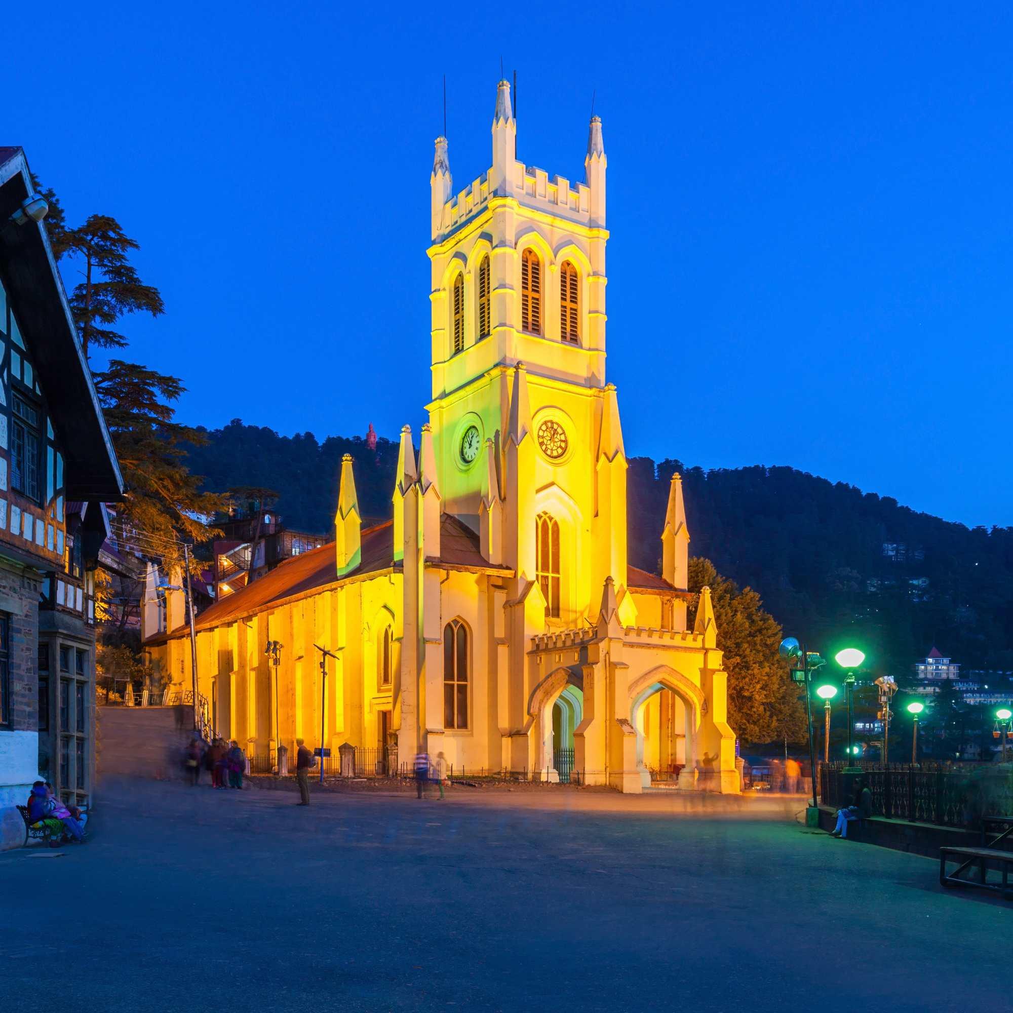 The Ridge promenade in Shimla with people walking and colonial buildings in the background