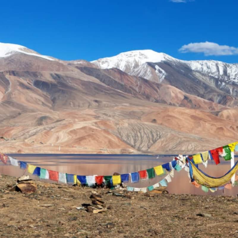 Tso Moriri Lake under a deep blue summer sky, with the peaks of Mentok Kangri rising behind the far shore