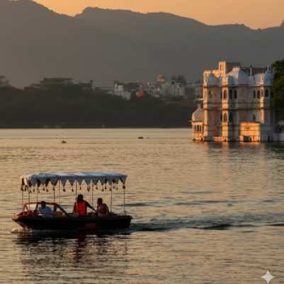 Lake Pichola at sunset with City Palace and boats on the water in Udaipur