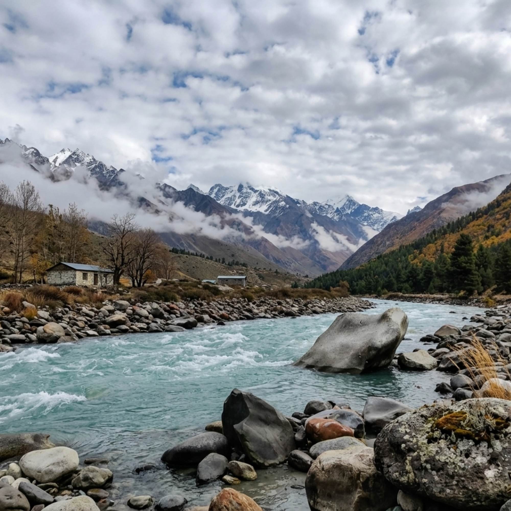 Sangla Valley with the Baspa River and apple orchards in the foreground