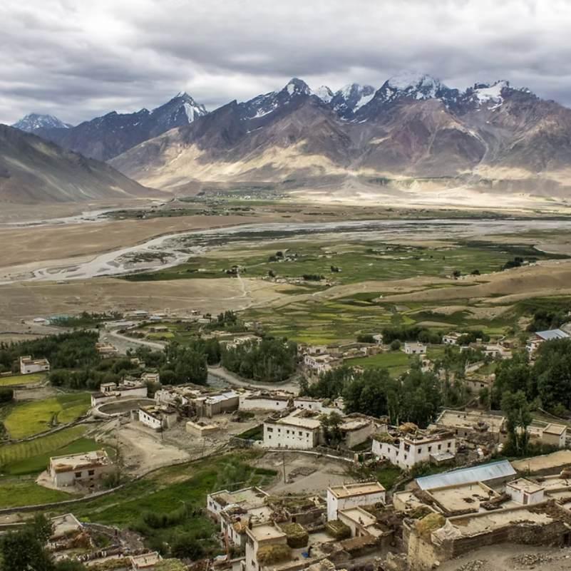Remote landscape of Zanskar Valley with distant mountain ranges