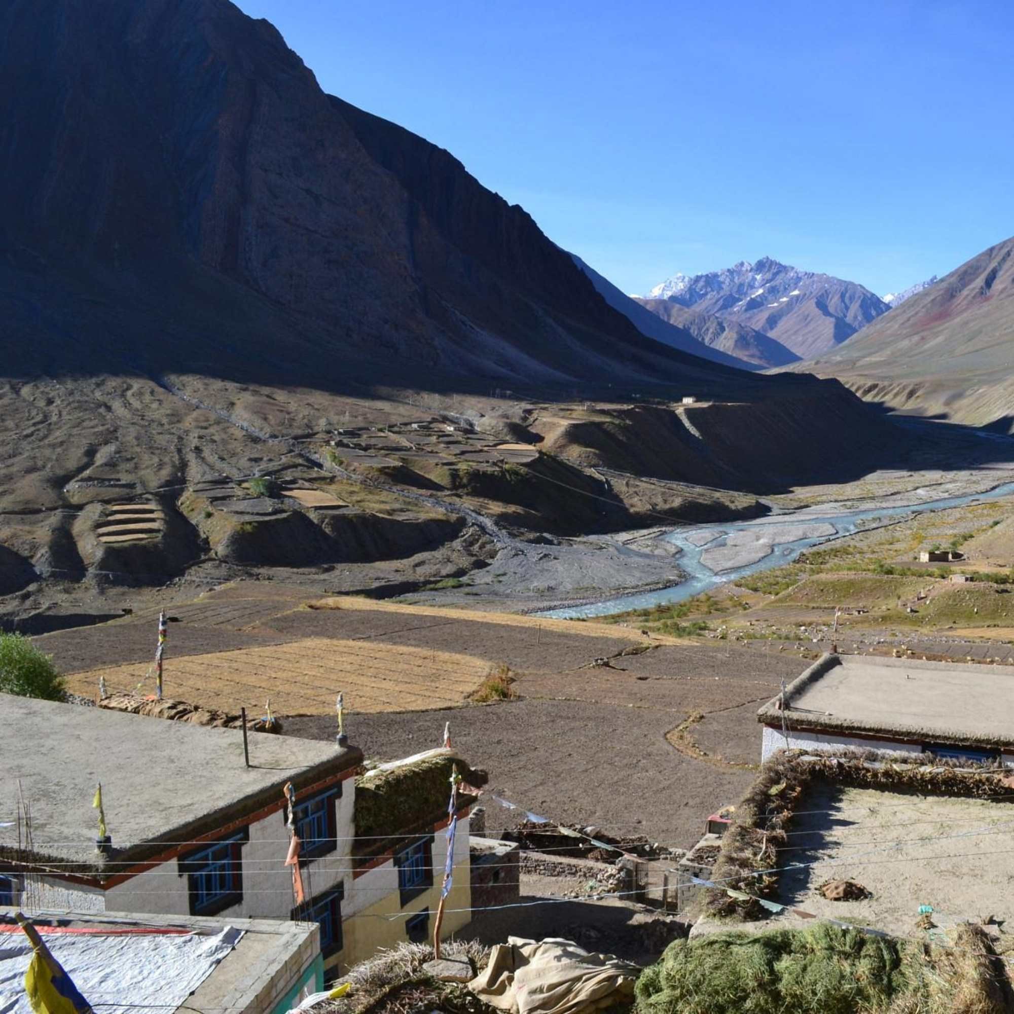 Snow covered peaks above Pin Valley National Park, the cold desert protected area that begins just past Mud Village