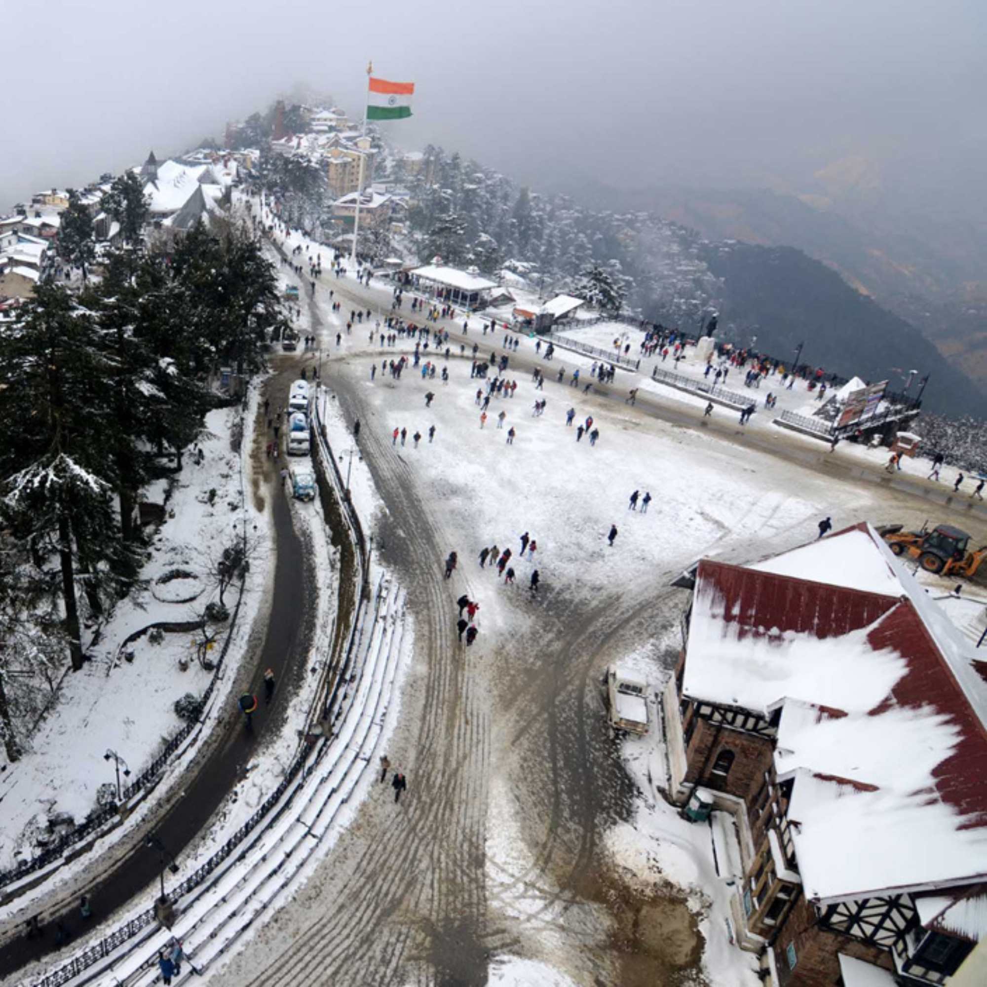 Wide angle view of The Ridge Shimla with surrounding Himalayan hills and open promenade