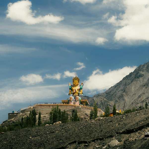 The 32 metre Maitreya Buddha statue on the ridge below Diskit Monastery, facing the Shyok river and the Pakistan border
