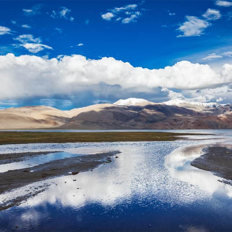 Panoramic view of the full length of Tso Moriri Lake and Rupshu valley with Changthang plateau peaks