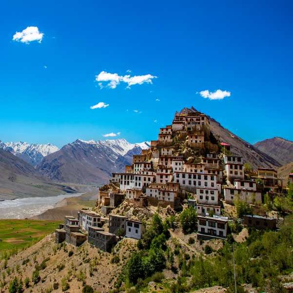 Key Monastery stacked on a conical hill above the Spiti River